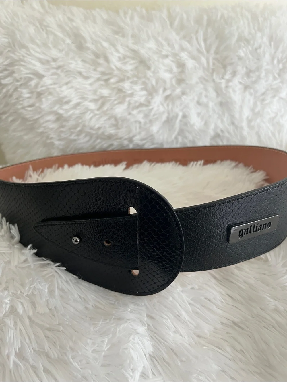 Galliano Black Textured Wide Leather Belt with Signature Plaque